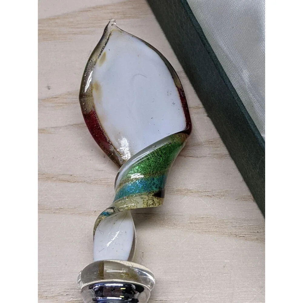 Murano Art Glass Wine Stopper Metal Barware In Box Red Aqua White  Gold specks